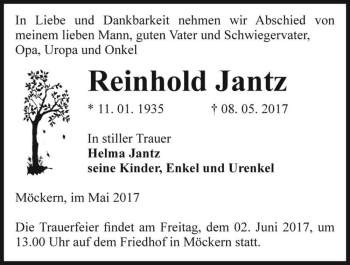 Traueranzeige von Reinhold Jantz  von Magdeburger Volksstimme