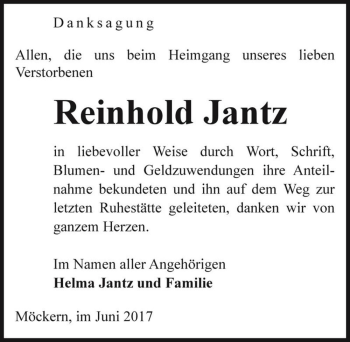 Traueranzeige von Reinhold Jantz  von Magdeburger Volksstimme