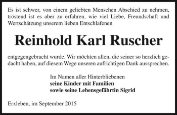Traueranzeige von Reinhold Karl Ruscher  von Magdeburger Volksstimme