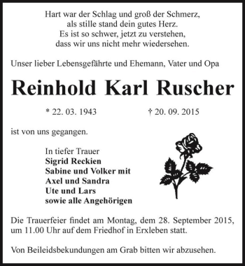 Traueranzeige von Reinhold Karl Ruscher  von Magdeburger Volksstimme