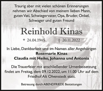 Traueranzeige von Reinhold Kinas  von Magdeburger Volksstimme