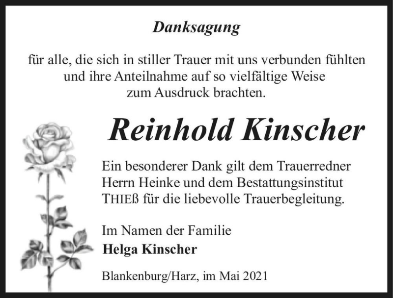  Traueranzeige für Reinhold Kinscher  vom 22.05.2021 aus Magdeburger Volksstimme