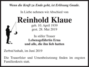 Traueranzeige von Reinhold Klaue  von Magdeburger Volksstimme