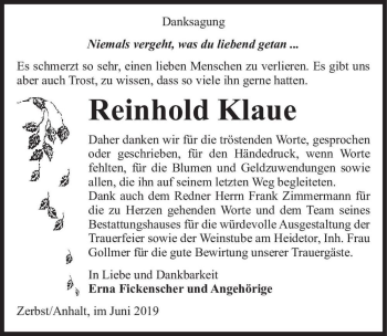 Traueranzeige von Reinhold Klaue  von Magdeburger Volksstimme
