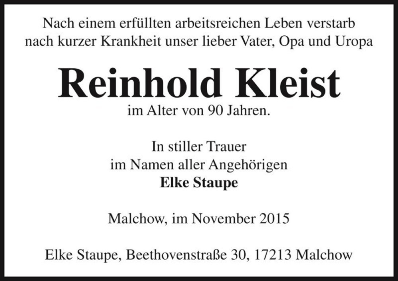  Traueranzeige für Reinhold Kleist  vom 05.12.2015 aus Magdeburger Volksstimme