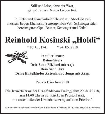 Traueranzeige von Reinhold Kosinski 