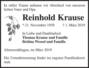 Traueranzeige von Reinhold Krause  von Magdeburger Volksstimme