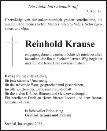 Traueranzeige von Reinhold Krause  von Magdeburger Volksstimme