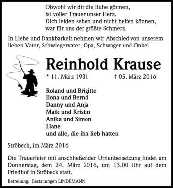 Traueranzeige von Reinhold Krause  von Magdeburger Volksstimme
