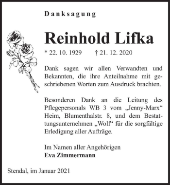 Traueranzeige von Reinhold Lifka  von Magdeburger Volksstimme