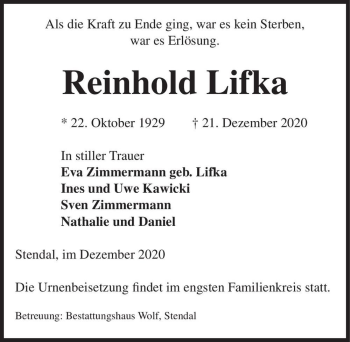 Traueranzeige von Reinhold Lifka  von Magdeburger Volksstimme