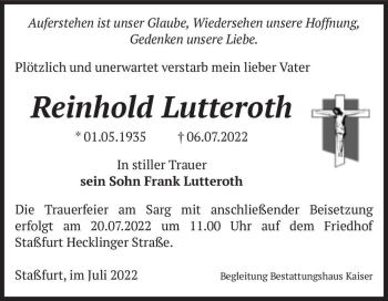 Traueranzeige von Reinhold Lutteroth  von Magdeburger Volksstimme