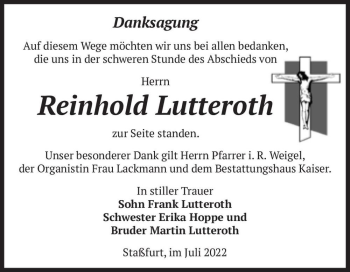 Traueranzeige von Reinhold Lutteroth  von Magdeburger Volksstimme