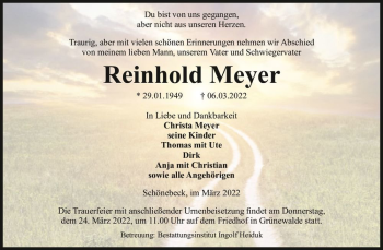 Traueranzeige von Reinhold Meyer  von Magdeburger Volksstimme