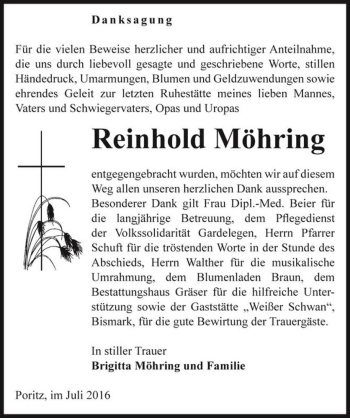 Traueranzeige von Reinhold Möhring  von Magdeburger Volksstimme