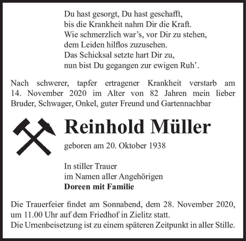  Traueranzeige für Reinhold Müller  vom 21.11.2020 aus Magdeburger Volksstimme