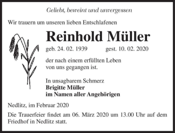 Traueranzeige von Reinhold Müller  von Magdeburger Volksstimme