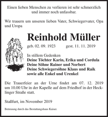 Traueranzeige von Reinhold Müller  von Magdeburger Volksstimme