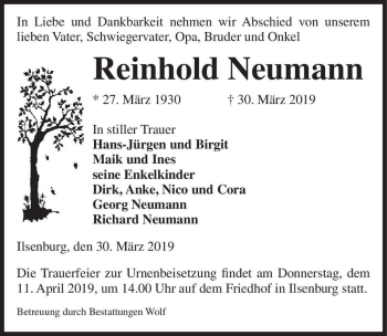 Traueranzeige von Reinhold Neumann  von Magdeburger Volksstimme