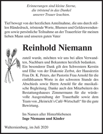 Traueranzeige von Reinhold Niemann  von Magdeburger Volksstimme