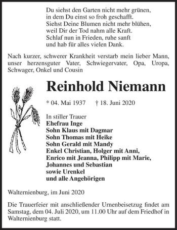 Traueranzeige von Reinhold Niemann  von Magdeburger Volksstimme