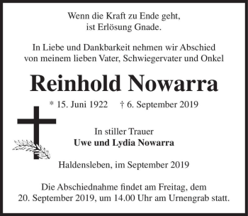 Traueranzeige von Reinhold Nowarra  von Magdeburger Volksstimme