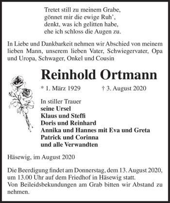 Traueranzeige von Reinhold Ortmann  von Magdeburger Volksstimme
