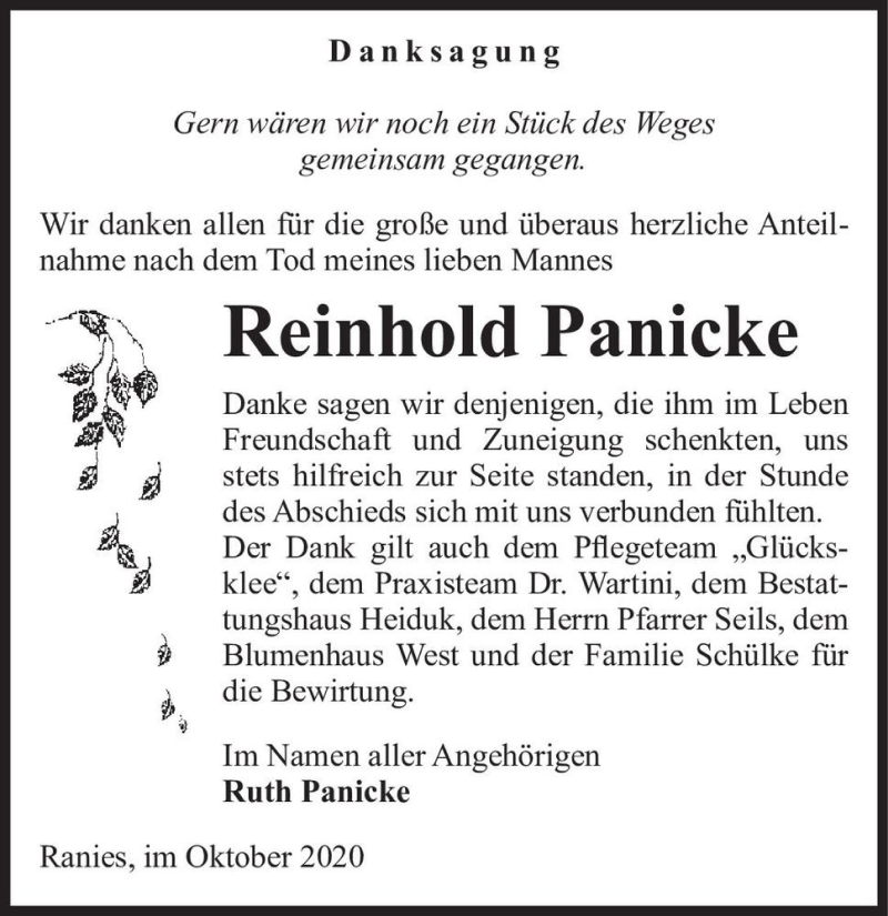  Traueranzeige für Reinhold Panicke  vom 14.11.2020 aus Magdeburger Volksstimme