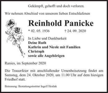 Traueranzeige von Reinhold Panicke  von Magdeburger Volksstimme