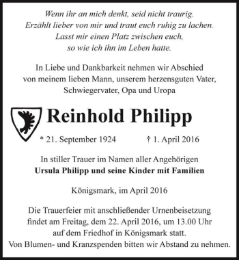 Traueranzeige von Reinhold Philipp  von Magdeburger Volksstimme