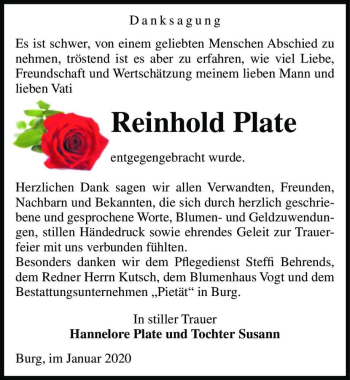 Traueranzeige von Reinhold Plate  von Magdeburger Volksstimme