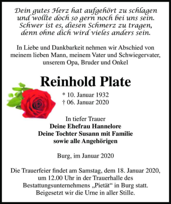 Traueranzeige von Reinhold Plate  von Magdeburger Volksstimme