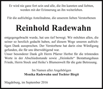 Traueranzeige von Reinhold Radewahn  von Magdeburger Volksstimme
