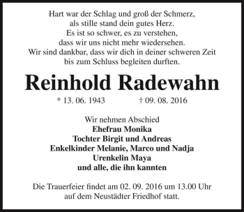 Traueranzeige von Reinhold Radewahn  von Magdeburger Volksstimme