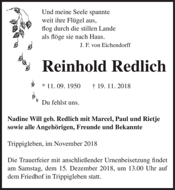 Traueranzeige von Reinhold Redlich  von Magdeburger Volksstimme