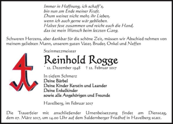 Traueranzeige von Reinhold Rogge  von Magdeburger Volksstimme
