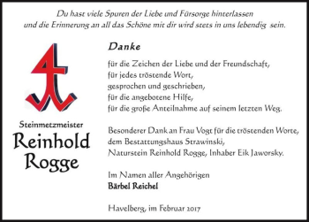 Traueranzeige von Reinhold Rogge  von Magdeburger Volksstimme