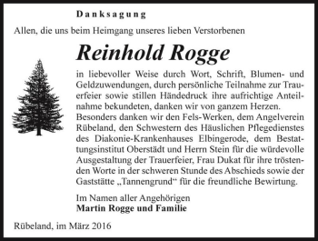 Traueranzeige von Reinhold Rogge  von Magdeburger Volksstimme