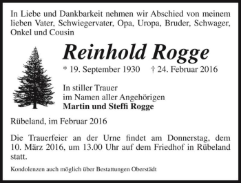 Traueranzeige von Reinhold Rogge  von Magdeburger Volksstimme