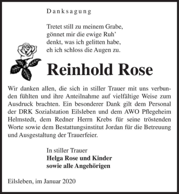 Traueranzeige von Reinhold Rose  von Magdeburger Volksstimme
