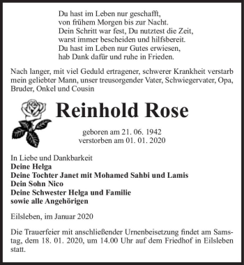 Traueranzeige von Reinhold Rose  von Magdeburger Volksstimme