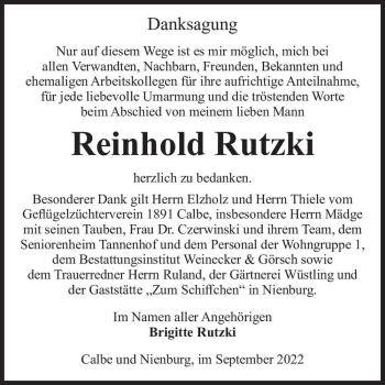 Traueranzeige von Reinhold Rutzki  von Magdeburger Volksstimme