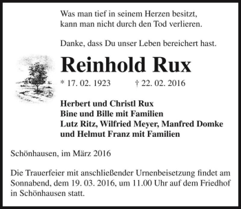 Traueranzeige von Reinhold Rux  von Magdeburger Volksstimme