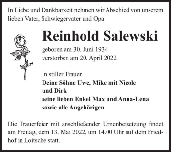 Traueranzeige von Reinhold Salewski  von Magdeburger Volksstimme
