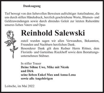 Traueranzeige von Reinhold Salewski  von Magdeburger Volksstimme