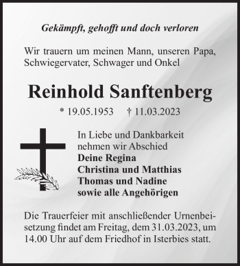 Traueranzeige von Reinhold Sanftenberg  von Magdeburger Volksstimme