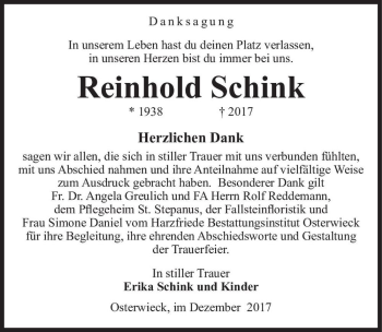 Traueranzeige von Reinhold Schink  von Magdeburger Volksstimme