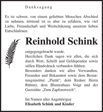 Traueranzeige von Reinhold Schink  von Magdeburger Volksstimme