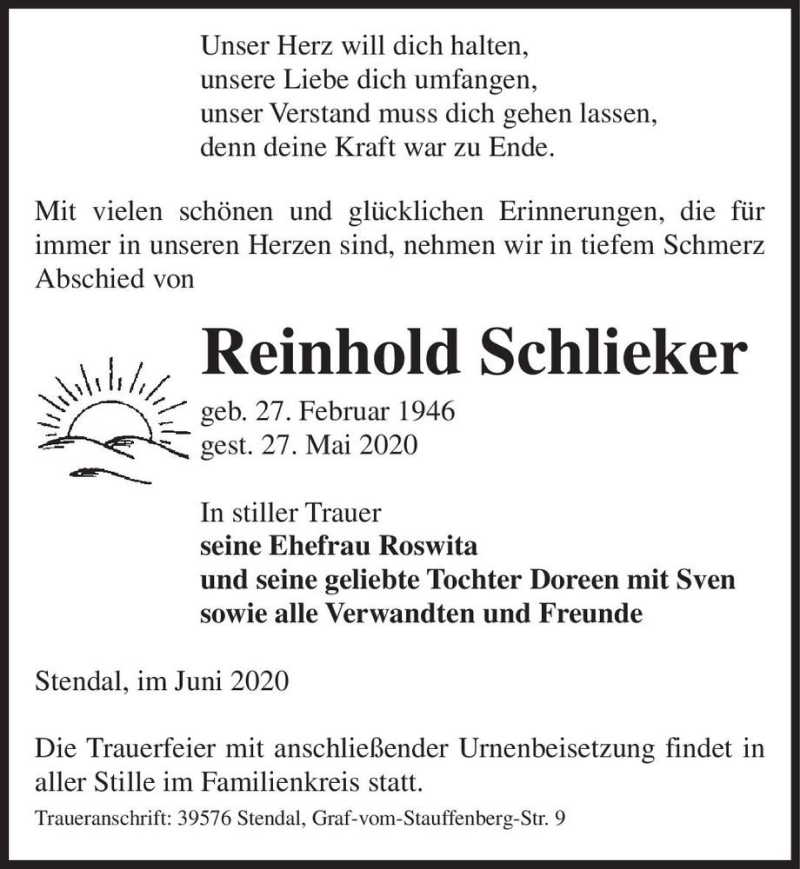  Traueranzeige für Reinhold Schlieker  vom 04.06.2020 aus Magdeburger Volksstimme
