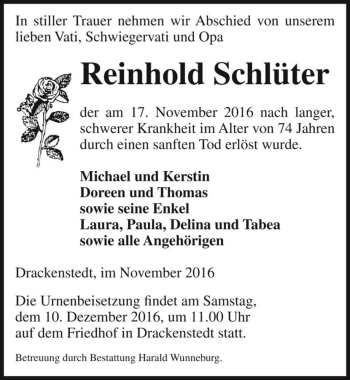 Traueranzeige von Reinhold Schlüter  von Magdeburger Volksstimme